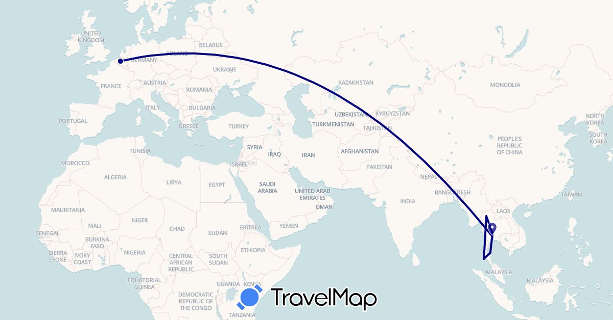 TravelMap itinerary: driving in Belgium, Thailand (Asia, Europe)